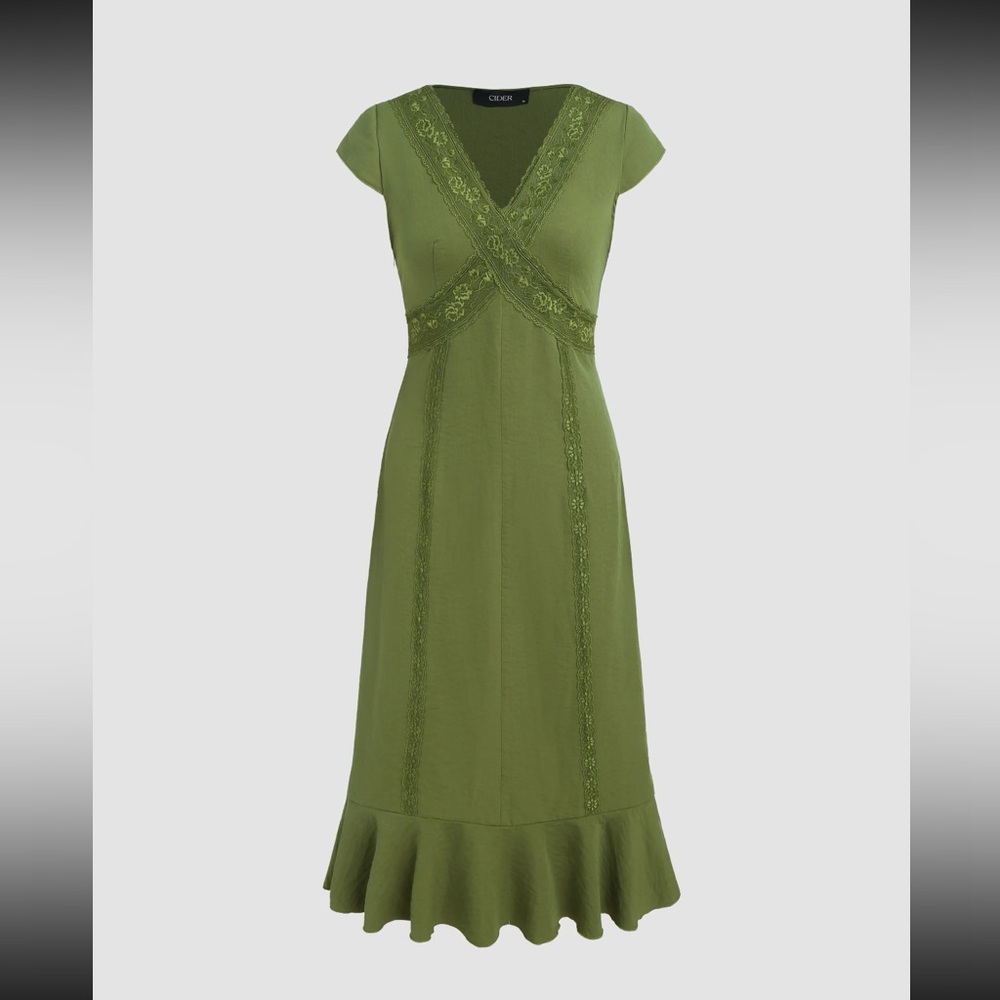 Lace Trim V-Neck Ruffle Midi Dress